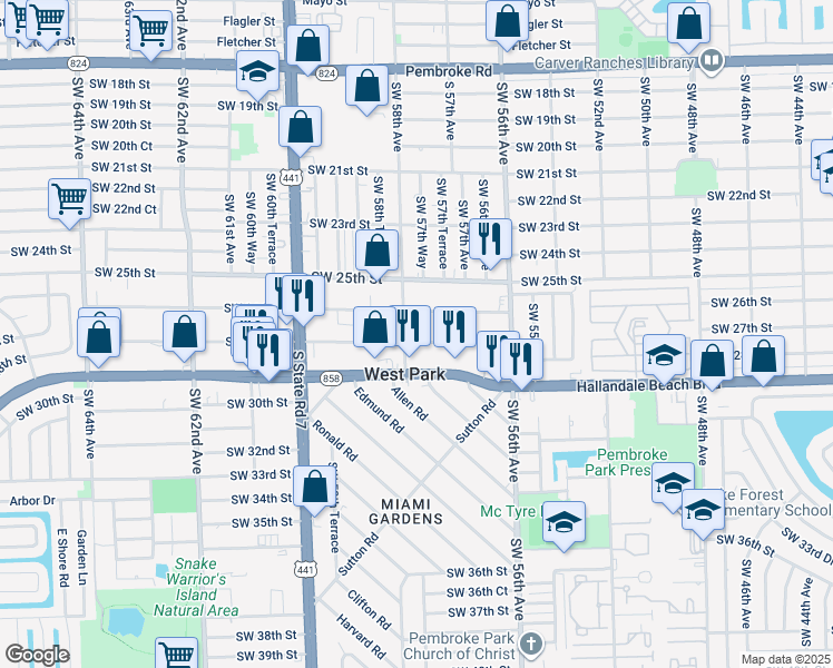 map of restaurants, bars, coffee shops, grocery stores, and more near 5737 Southwest 27th Street in West Park