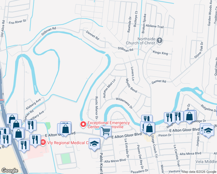 map of restaurants, bars, coffee shops, grocery stores, and more near Autumn Mist Ln in Brownsville
