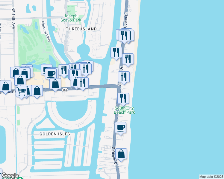 map of restaurants, bars, coffee shops, grocery stores, and more near 1801 South Ocean Drive in Hallandale Beach