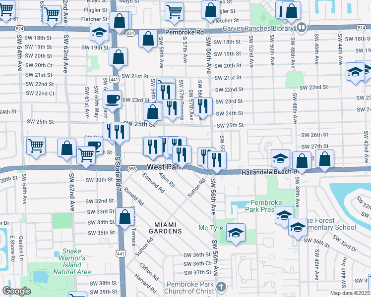 map of restaurants, bars, coffee shops, grocery stores, and more near 5649 Southwest 27th Street in West Park