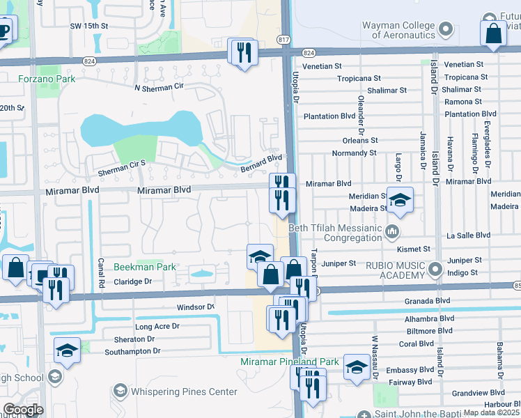 map of restaurants, bars, coffee shops, grocery stores, and more near 2577 Southwest 82nd Avenue in Miramar