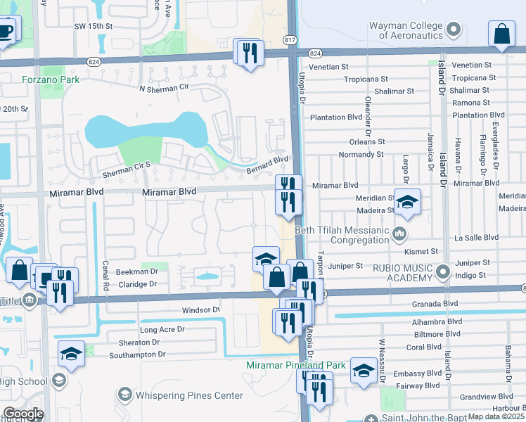 map of restaurants, bars, coffee shops, grocery stores, and more near 2577 Southwest 82nd Avenue in Miramar