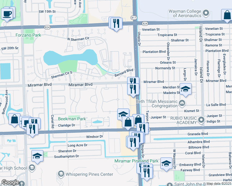 map of restaurants, bars, coffee shops, grocery stores, and more near 2577 Southwest 82nd Avenue in Miramar