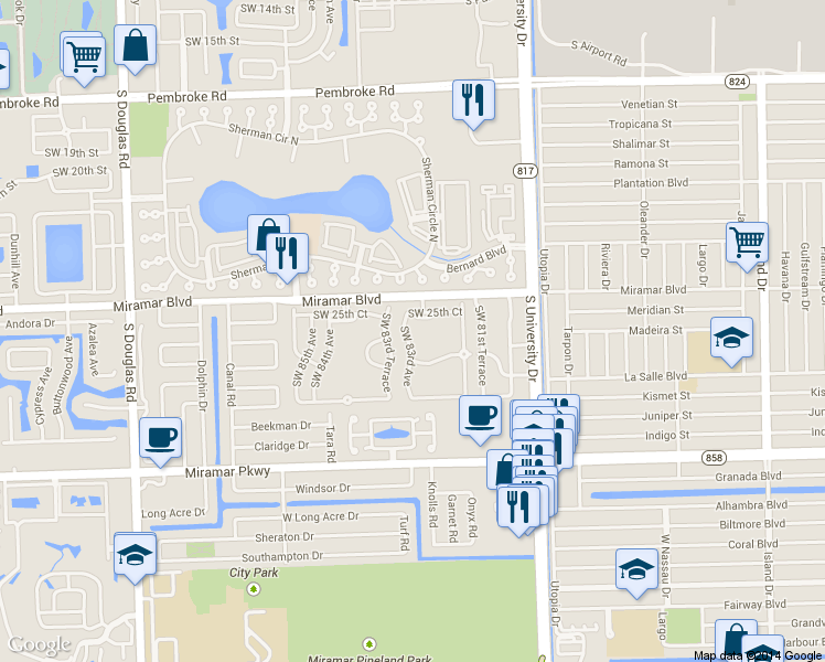 map of restaurants, bars, coffee shops, grocery stores, and more near 8266 Southwest 25th Street in Miramar