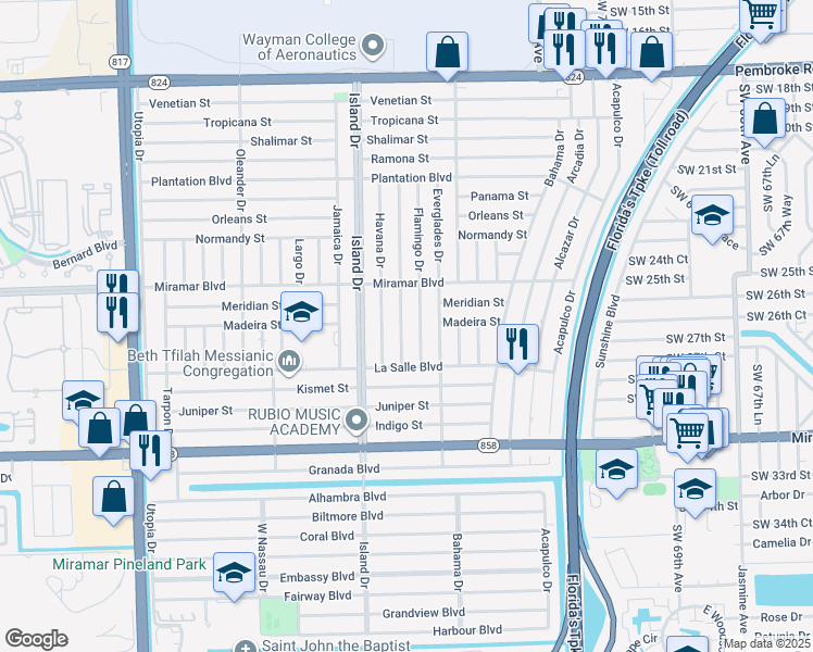 map of restaurants, bars, coffee shops, grocery stores, and more near 2631 Gulfstream Drive in Miramar