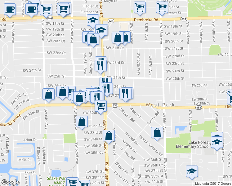 map of restaurants, bars, coffee shops, grocery stores, and more near 5909 Southwest 27th Street in West Park