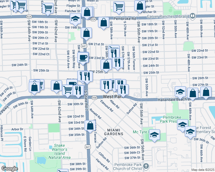 map of restaurants, bars, coffee shops, grocery stores, and more near 5817 Southwest 27th Street in West Park