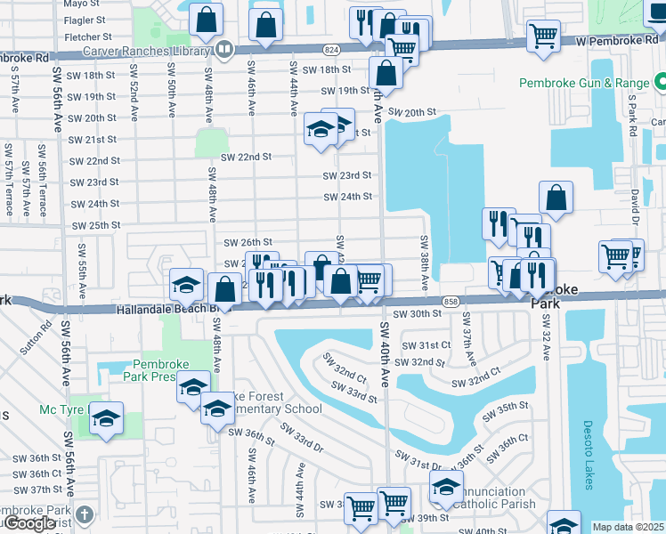 map of restaurants, bars, coffee shops, grocery stores, and more near 4204 Southwest 27th Street in West Park