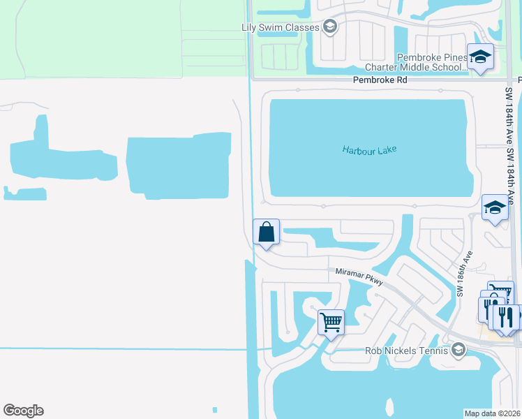 map of restaurants, bars, coffee shops, grocery stores, and more near 19498 Southwest 24th Street in Miramar