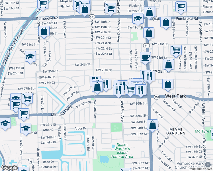 map of restaurants, bars, coffee shops, grocery stores, and more near 6251 Southwest 27th Street in Miramar
