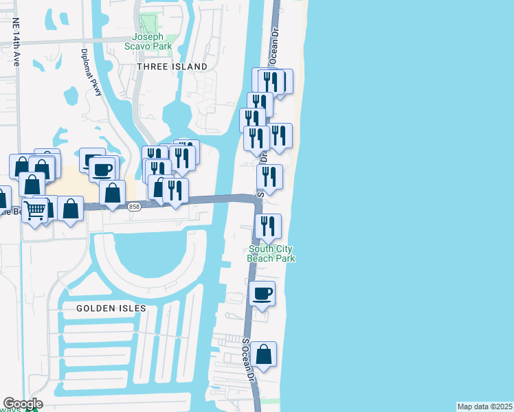 map of restaurants, bars, coffee shops, grocery stores, and more near 1803 South Ocean Drive in Hallandale Beach
