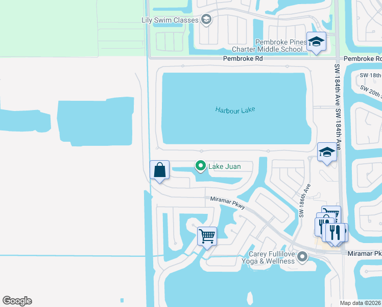 map of restaurants, bars, coffee shops, grocery stores, and more near 19300 Southwest 24th Street in Miramar