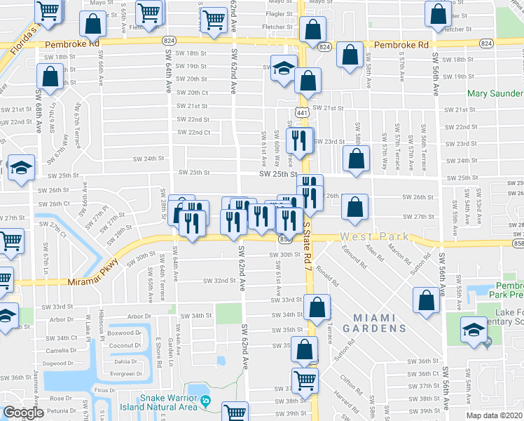 map of restaurants, bars, coffee shops, grocery stores, and more near 6115 Southwest 27th Street in Miramar