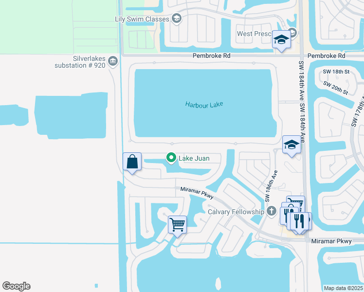 map of restaurants, bars, coffee shops, grocery stores, and more near 19140 Southwest 24th Street in Miramar