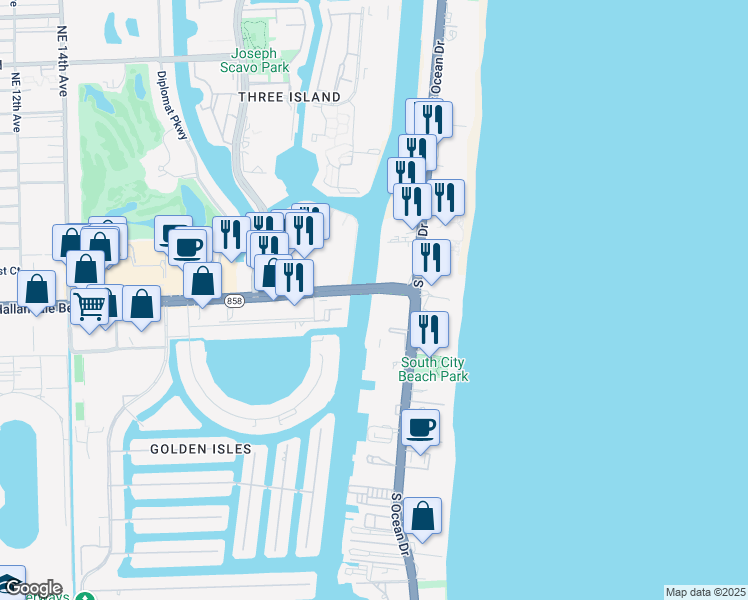 map of restaurants, bars, coffee shops, grocery stores, and more near 1801 South Ocean Drive in Hallandale Beach