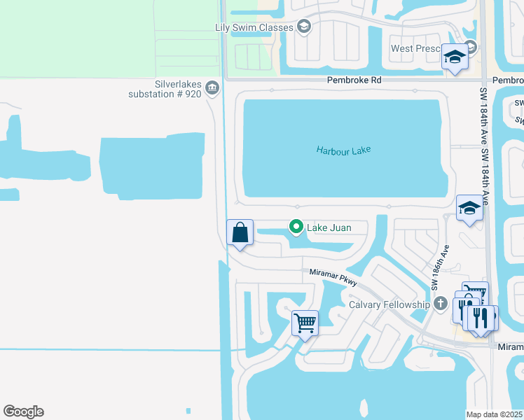 map of restaurants, bars, coffee shops, grocery stores, and more near 19410 Southwest 24th Street in Miramar