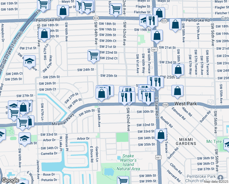 map of restaurants, bars, coffee shops, grocery stores, and more near 6251 Southwest 27th Street in Miramar