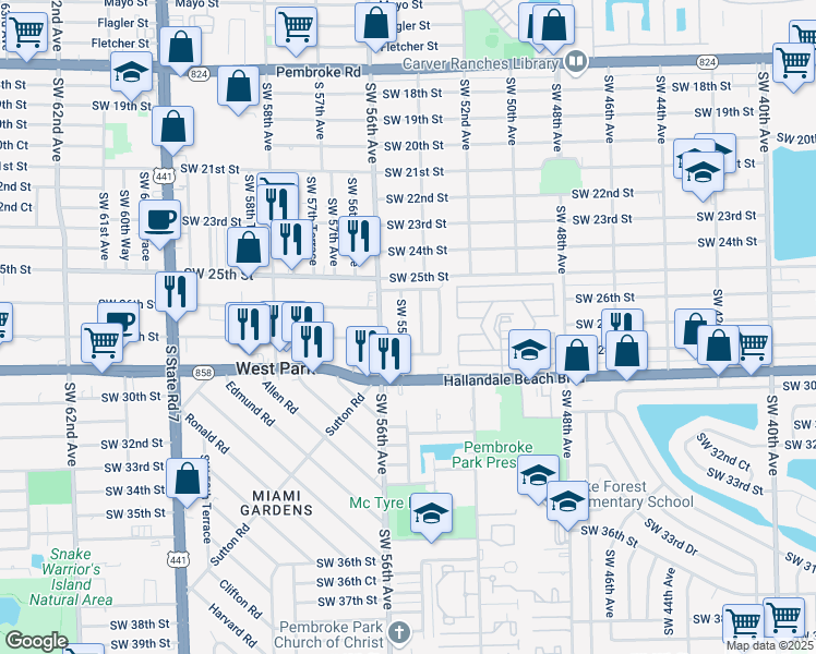 map of restaurants, bars, coffee shops, grocery stores, and more near 2631 Southwest 55th Avenue in West Park