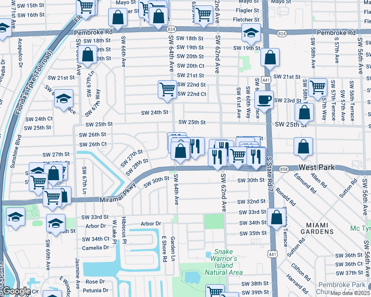 map of restaurants, bars, coffee shops, grocery stores, and more near 6327 Southwest 27th Street in Miramar