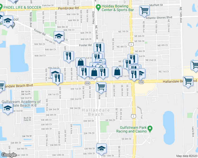 map of restaurants, bars, coffee shops, grocery stores, and more near 11 Northeast 1st Avenue in Hallandale Beach
