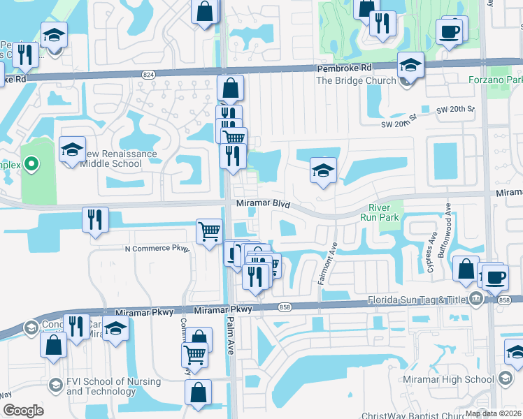 map of restaurants, bars, coffee shops, grocery stores, and more near 2531 Southwest 99th Way in Miramar