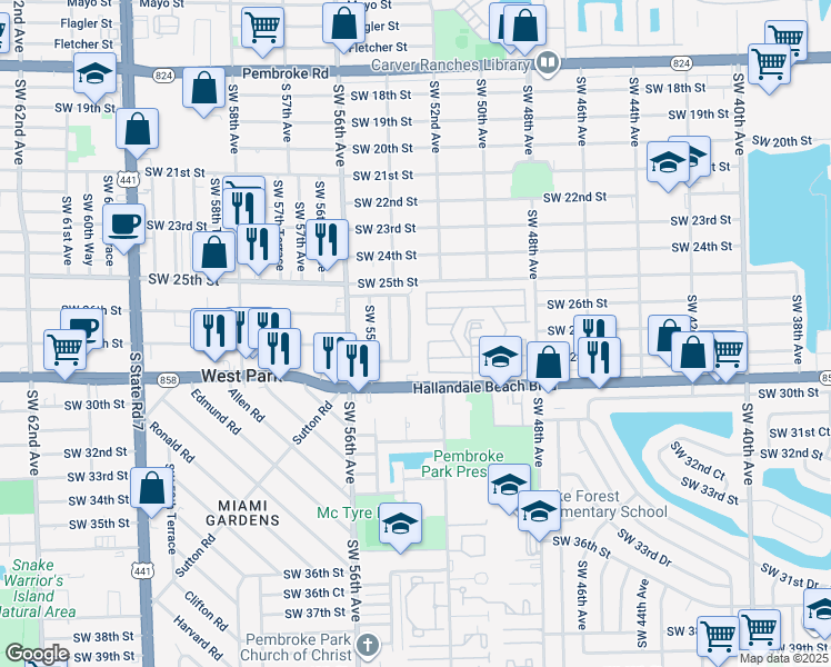 map of restaurants, bars, coffee shops, grocery stores, and more near 2631 Southwest 53rd Avenue in West Park