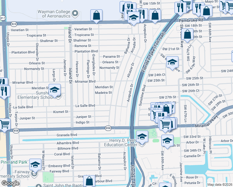 map of restaurants, bars, coffee shops, grocery stores, and more near 2624 Arcadia Drive in Miramar