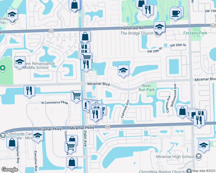 map of restaurants, bars, coffee shops, grocery stores, and more near 9771 Forest Drive in Miramar