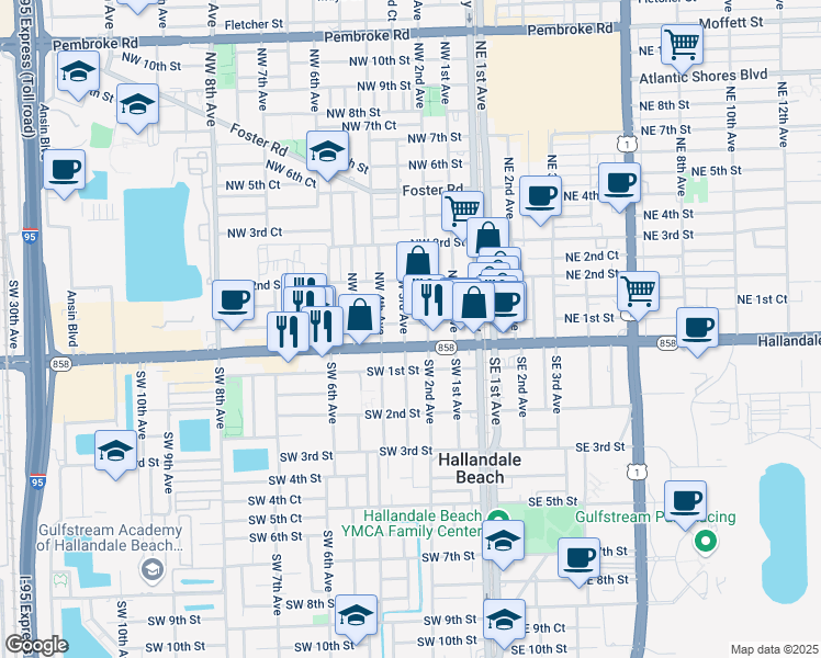 map of restaurants, bars, coffee shops, grocery stores, and more near 26 Northwest 3rd Avenue in Hallandale Beach