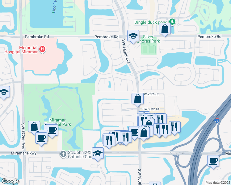 map of restaurants, bars, coffee shops, grocery stores, and more near 16250 Southwest 26th Street in Miramar
