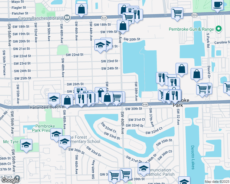map of restaurants, bars, coffee shops, grocery stores, and more near 4040 Southwest 27th Street in West Park