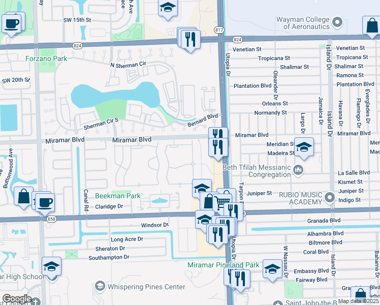 map of restaurants, bars, coffee shops, grocery stores, and more near 2577 Southwest 82nd Avenue in Miramar