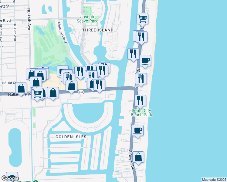 map of restaurants, bars, coffee shops, grocery stores, and more near 2600 East Hallandale Beach Boulevard in Hallandale Beach
