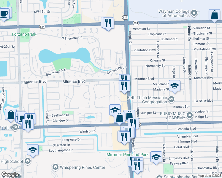 map of restaurants, bars, coffee shops, grocery stores, and more near 2577 Southwest 82nd Avenue in Miramar