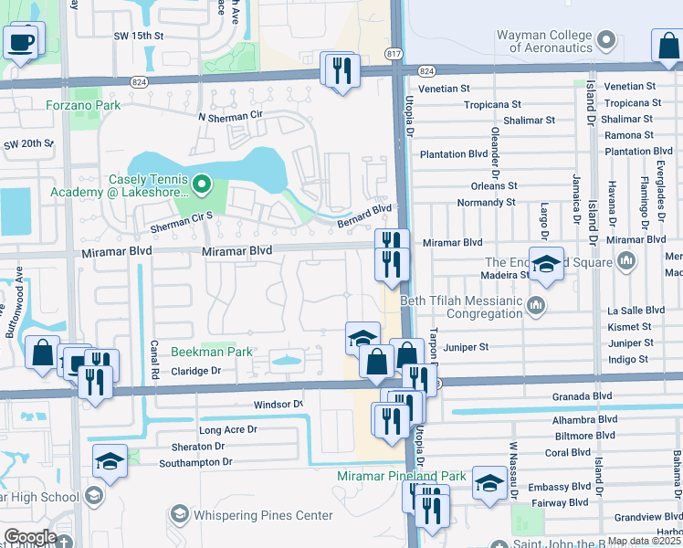 map of restaurants, bars, coffee shops, grocery stores, and more near 2577 Southwest 82nd Avenue in Miramar