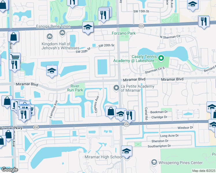 map of restaurants, bars, coffee shops, grocery stores, and more near 9020 Andora Drive in Miramar