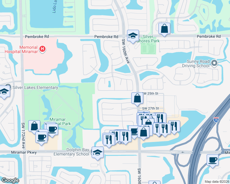 map of restaurants, bars, coffee shops, grocery stores, and more near 16250 Southwest 26th Street in Miramar
