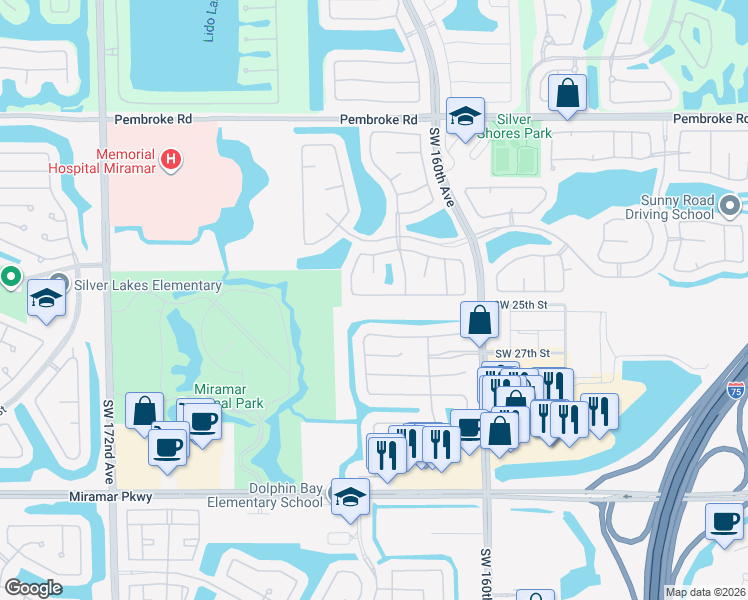 map of restaurants, bars, coffee shops, grocery stores, and more near 16336 Southwest 26th Street in Miramar