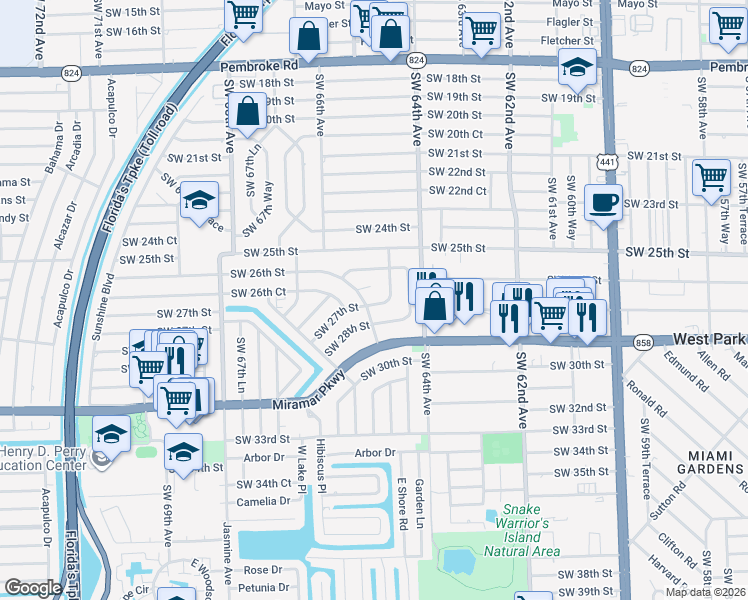 map of restaurants, bars, coffee shops, grocery stores, and more near 6471 Southwest 27th Street in Miramar