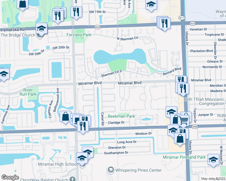 map of restaurants, bars, coffee shops, grocery stores, and more near 8612 Wilshire Drive in Miramar