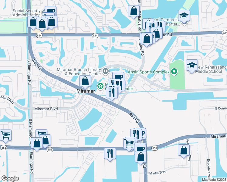 map of restaurants, bars, coffee shops, grocery stores, and more near 11735 City Hall Promenade in Miramar