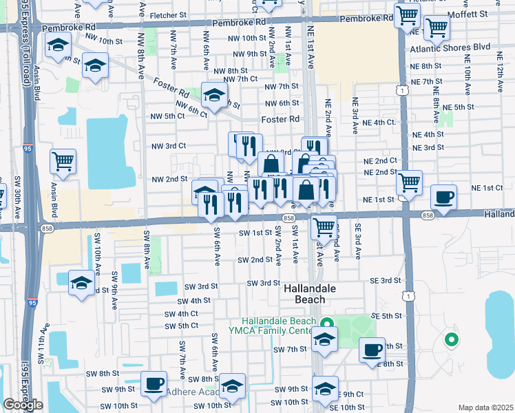 map of restaurants, bars, coffee shops, grocery stores, and more near 26 Northwest 3rd Avenue in Hallandale Beach