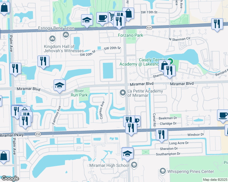 map of restaurants, bars, coffee shops, grocery stores, and more near 9020 Andora Drive in Miramar