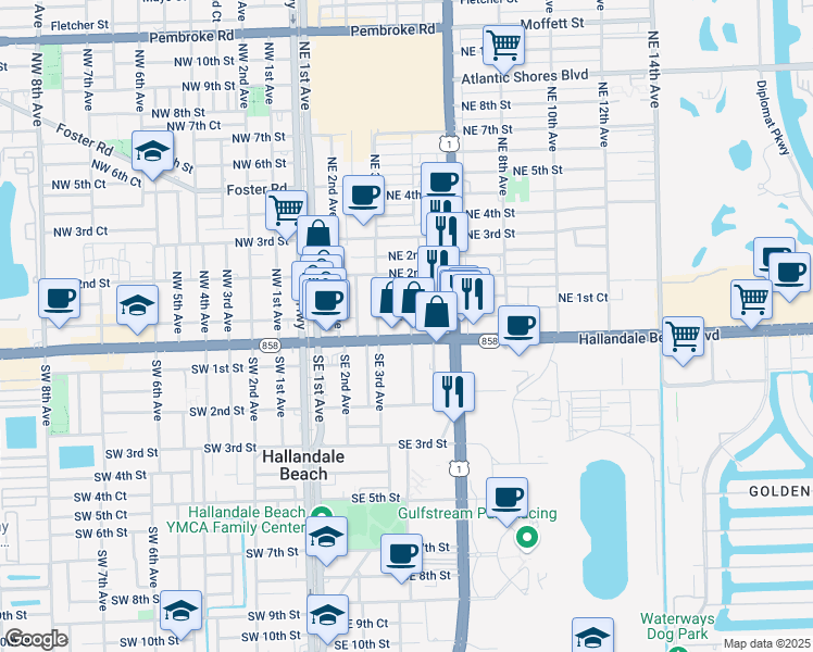 map of restaurants, bars, coffee shops, grocery stores, and more near 23 Northeast 4th Avenue in Hallandale Beach