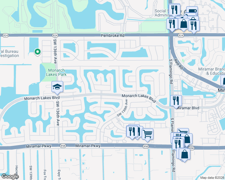 map of restaurants, bars, coffee shops, grocery stores, and more near 13126 Southwest 24th Street in Miramar