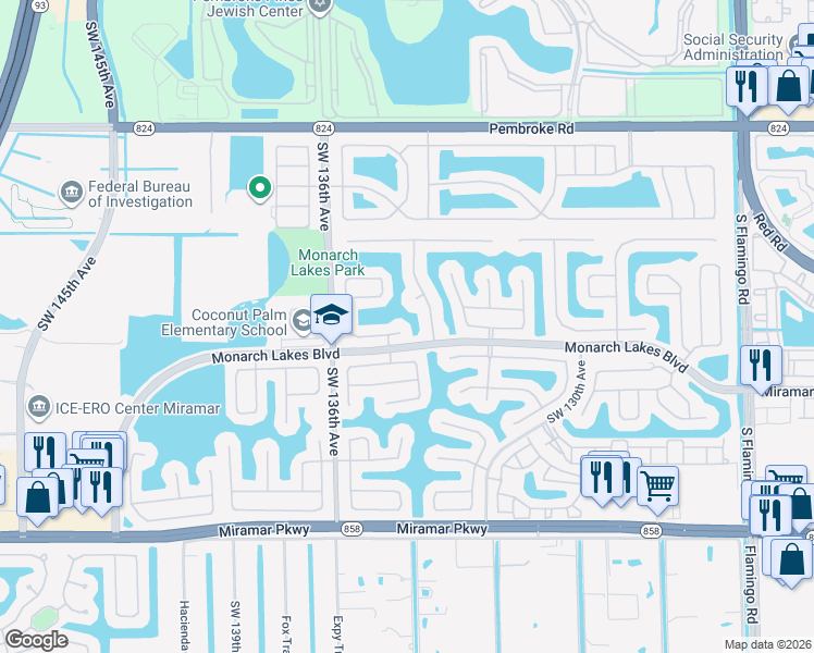 map of restaurants, bars, coffee shops, grocery stores, and more near 13301 Southwest 24th Street in Miramar