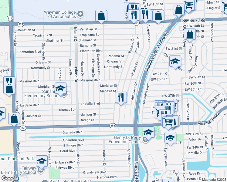 map of restaurants, bars, coffee shops, grocery stores, and more near 2631 Casablanca Drive in Miramar