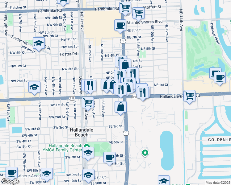 map of restaurants, bars, coffee shops, grocery stores, and more near 415 East Hallandale Beach Boulevard in Hallandale Beach
