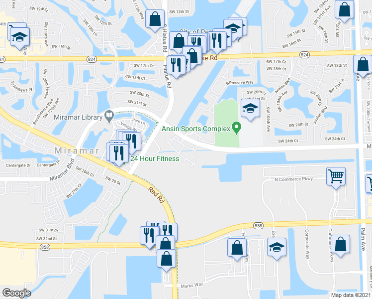 map of restaurants, bars, coffee shops, grocery stores, and more near 11000 Miramar Boulevard in Miramar