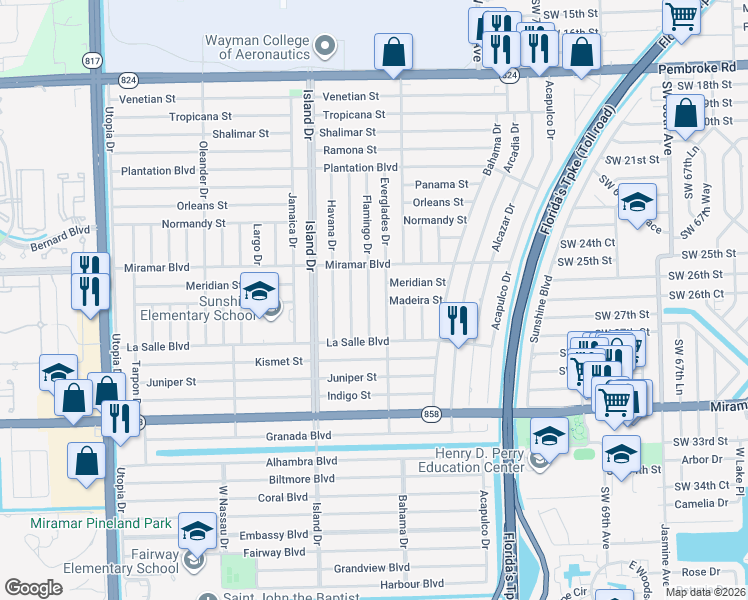 map of restaurants, bars, coffee shops, grocery stores, and more near 2631 Gulfstream Drive in Miramar